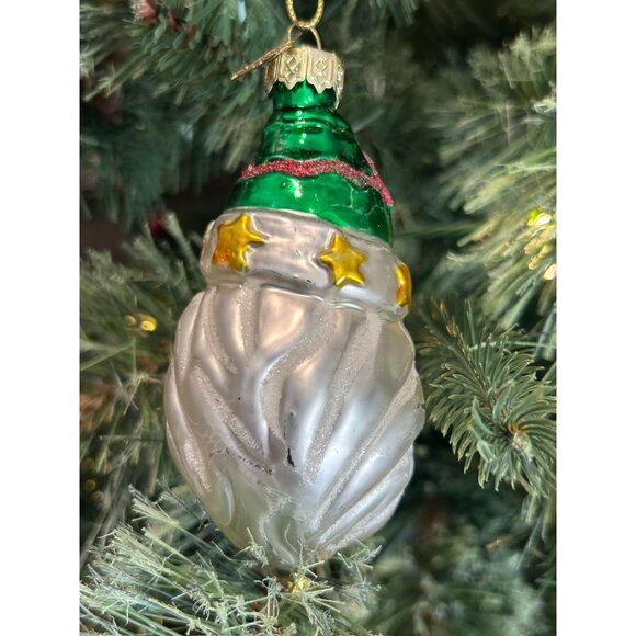 Vintage Thomas Pacconi Santa Ornament Glass Hand-Blown Green Hat Gold Stars Chri - Picture 3 of 5
